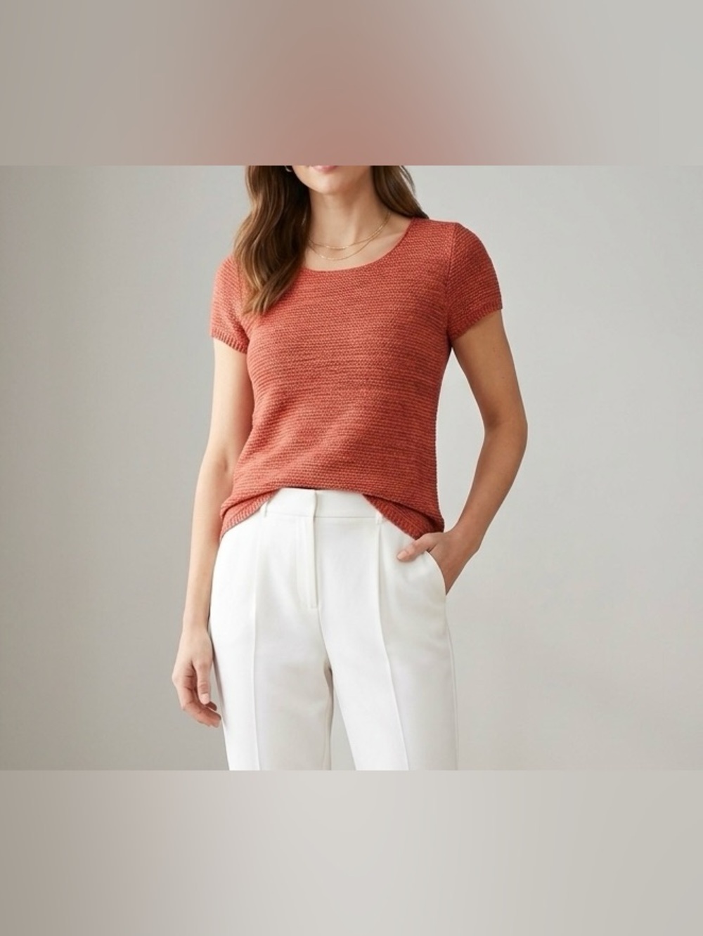 LOFT Coral Red Textured Knit Fall Sweater Top Short Sleeve Button Back Size S